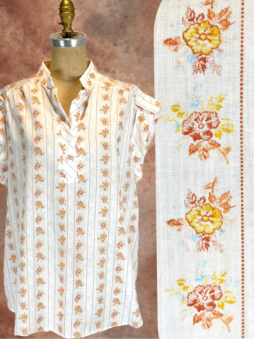 VINTAGE cottage floral blouse short capped sleeve calico flower lightweight 80s